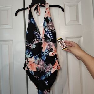 DKNY Tropical Swimsuit  Tummy Control Halter Tie Neckline Floral Womens Medium